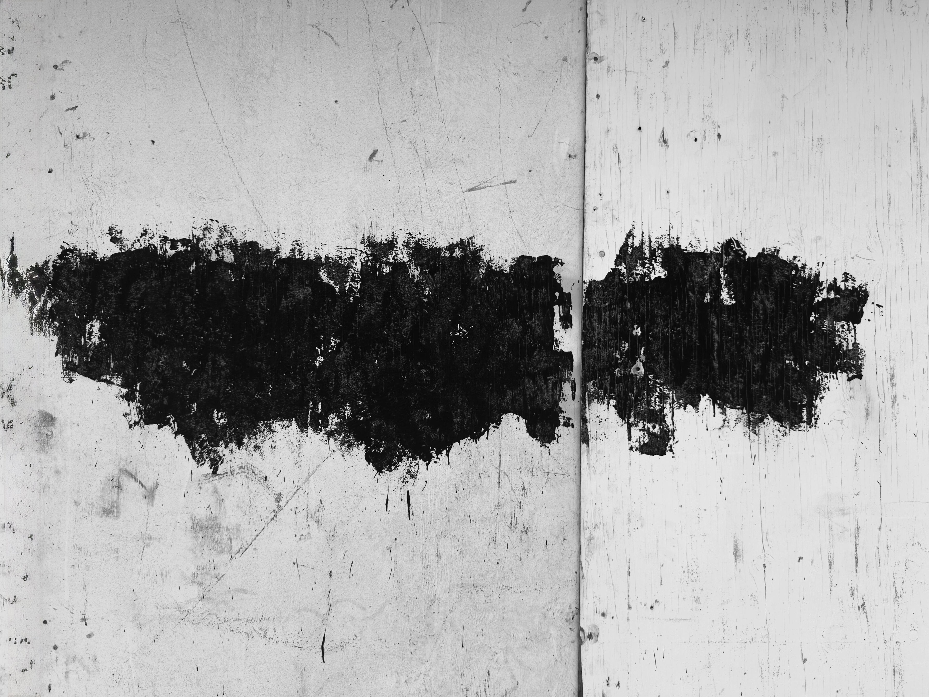 trio horizon - glyph | LA - A wide-angle, horizontal composition of black paint fragments stretching across a weathered city wall. Industrial noir black-and-white photography, Los Angeles, California. 1/1 archival pigment print by Barton Caplan